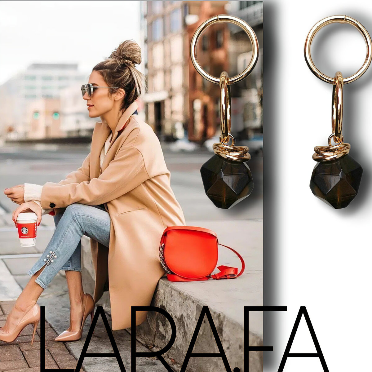 Серьги кольца золотистые с натуральным камнем Раухтопаз, дизайн LARA.FA jewelry (Коллаж автора) 