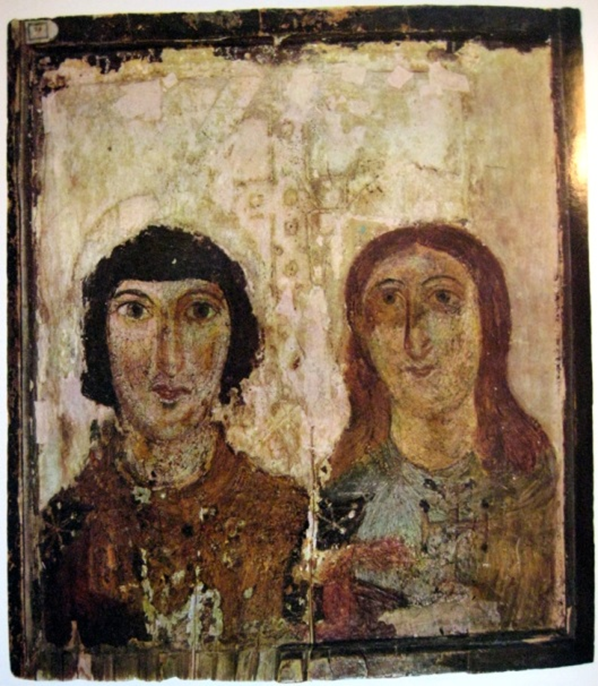 Рис. 1. Мученик и мученица (Св. Платон и Гликерия конец VI – середина  VII в.  Синай. Размер: 54,2 x 48,6 см. Материал: Дерево (липа), восковые краски. Музей Ханенко, Киев, Украина [1, c. 329]