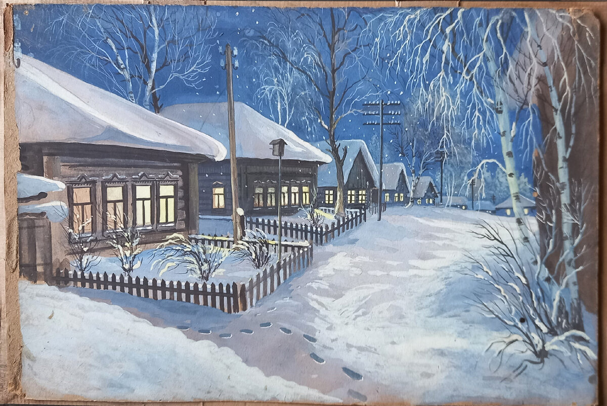 1958 г.. Художник Н. А. Блинов. Эскиз декорации к сказке "По щучьему велению". Картон, размер 37,5*55,5 см, гуашь. Из архива автора. 