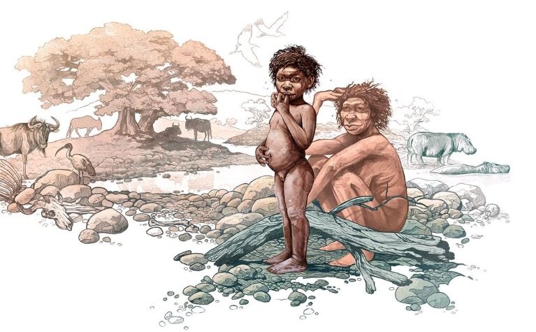 Иллюстрация ребенка Homo erectus с матерью в Эфиопском нагорье, два миллиона лет назад.