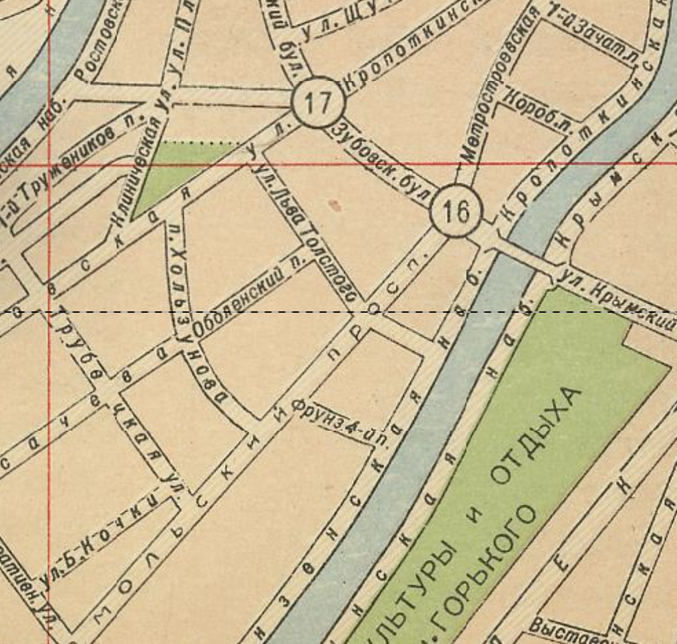 Комсомольский проспект и Остоженка (Метростроевская улица) на карте Москвы 1959 года. С сайта www.retromap.ru.