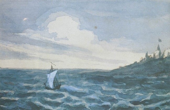 Михаил Лермонтов. Морской вид с парусной лодкой. 1828-1831. Бумага, акварель. 9 х 15,5. Из альбома М. М. Лермонтовой, Государственная публичная библиотека им. М. Е. Салтыкова-Щедрина, Санкт-Петербург