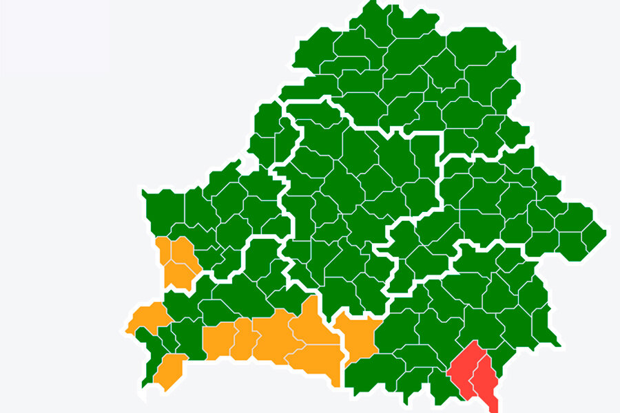    Зеленый – посещение разрешено | Желтый – посещение ограничено | Красный – посещение запрещено Скриншот: Минлесхоз