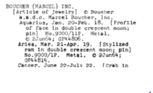 Выше указаны сведения о булавках компании Марселя Буше с описанием изделий , материала и даты регистрации .