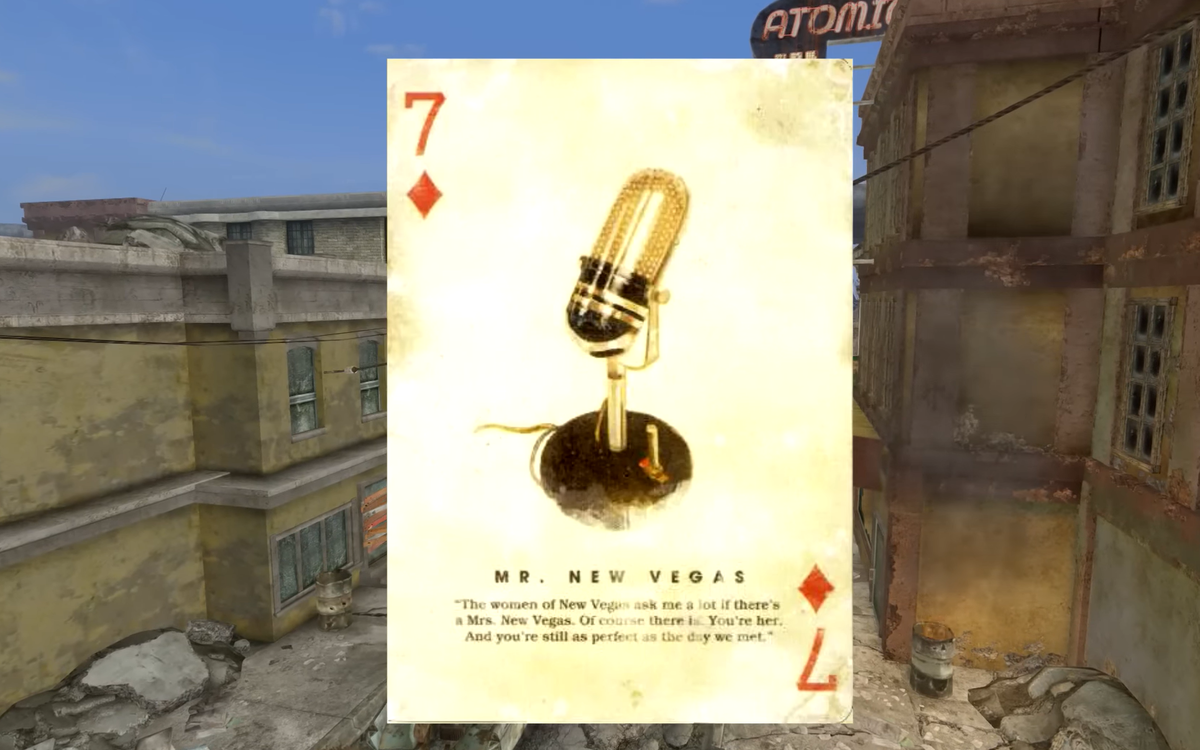 Карта нашего героя из коллекционного набора: "женщины Нью-Вегаса часто спрашивают, есть ли Миссис Нью-Вегас. Конечно, есть — это ты. И ты так же прекрасна, как и в день нашей встречи".