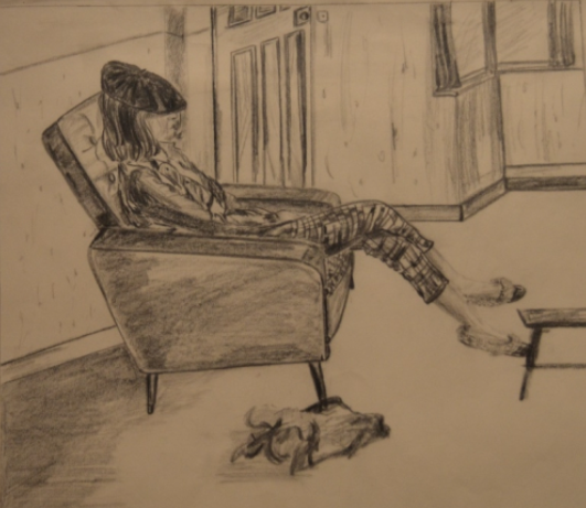 А это рисунок, где изображена его сестра Кашмира. Оцените, с какой любовью прорисована ткань у нее на брюках)