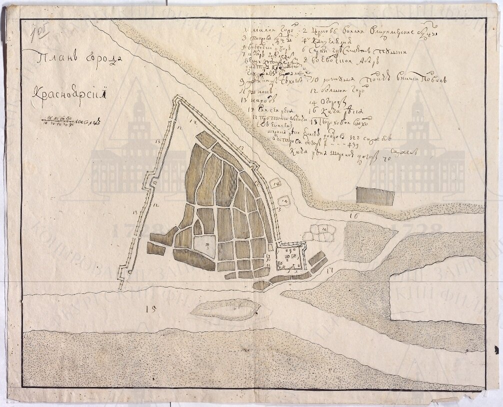 План Красноярска. 1739 г. снятый капитаном С. Плаутиным.