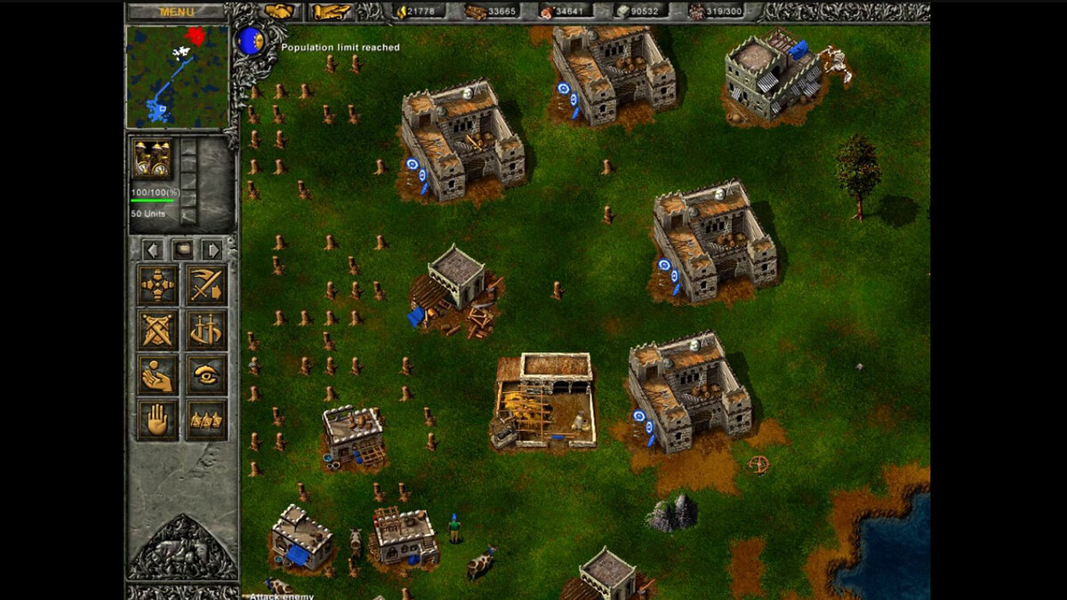 Арабское поселение. На миникарте можно увидеть, как войско передвигается "цепочкой" в сторону неприятеля.