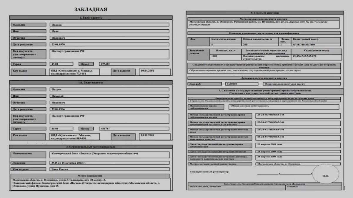 Пример закладной по ипотеке 