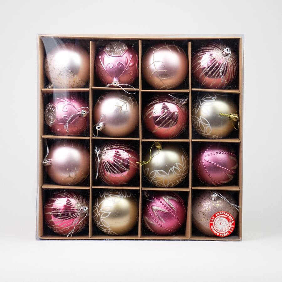 Елочное украшение шар в коробке розовое ассорти 8 см (12 шт./уп.)