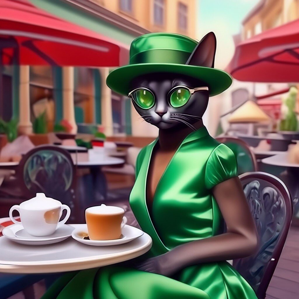 Черная кошка за столиком уличного кафе...