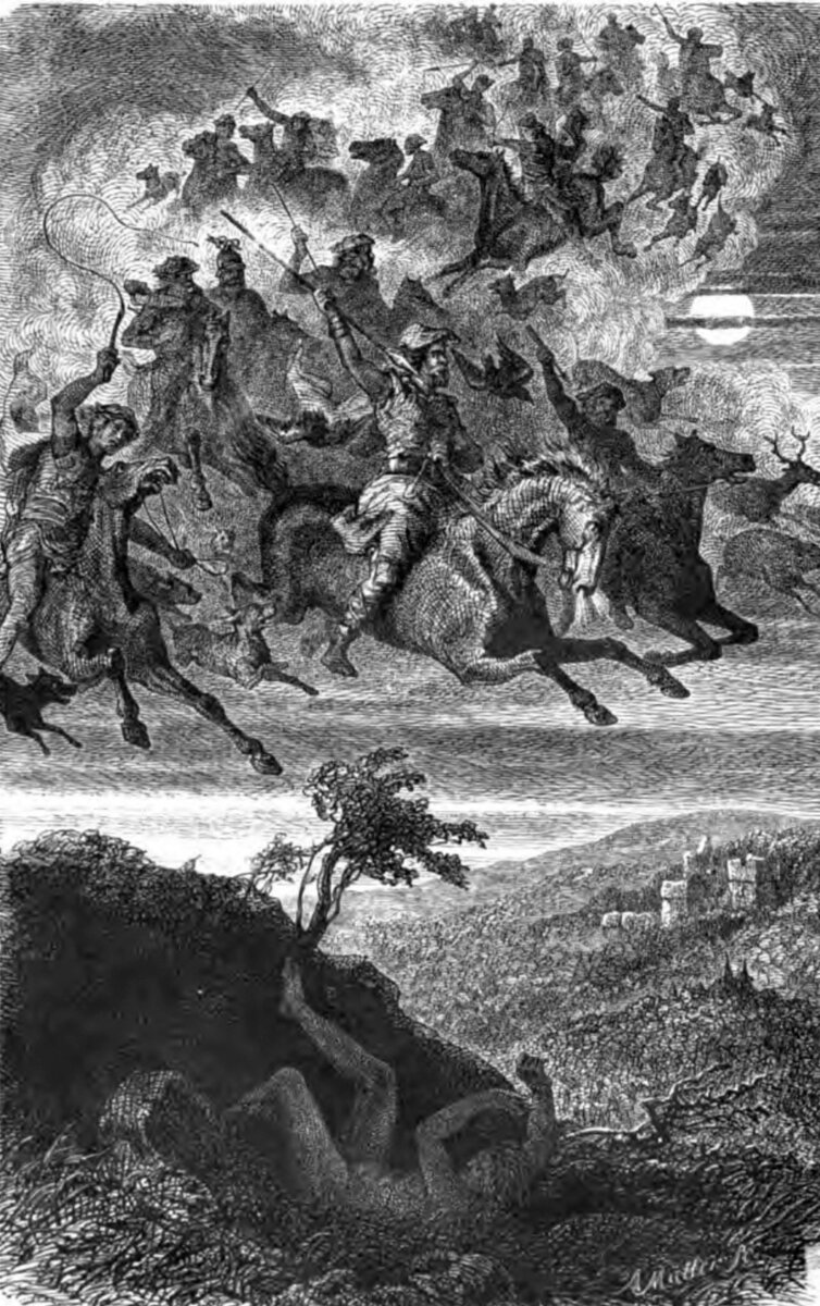 Призрачная Дикая Охота, спускающаяся в грешный мир с неба.