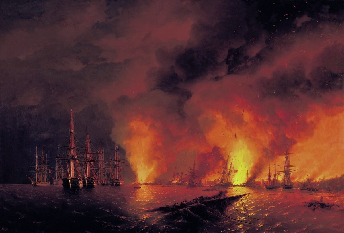     Айвазовский И.К. «Синоп. Ночь после боя 18 ноября 1853 года. 1853 год». Центральный военно-морской музей, Санкт-Петербург / Public domain