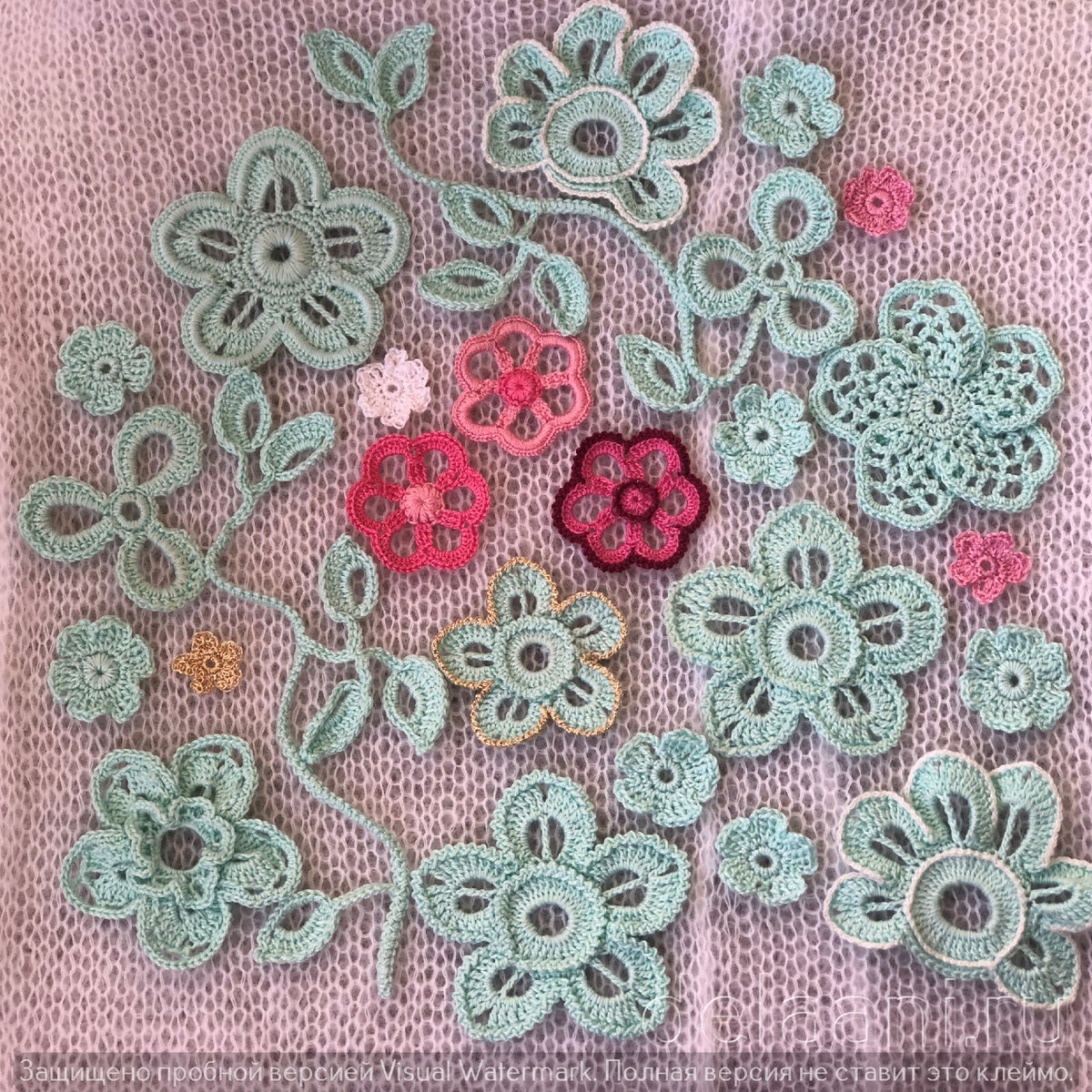 Цветочные мотивы, связанные крючком в технике "Ирландское кружево"