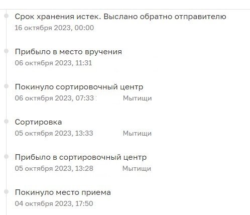 Посылка каталась через Мытищи, неделю лежала на выдаче, в полночь поменяла статус