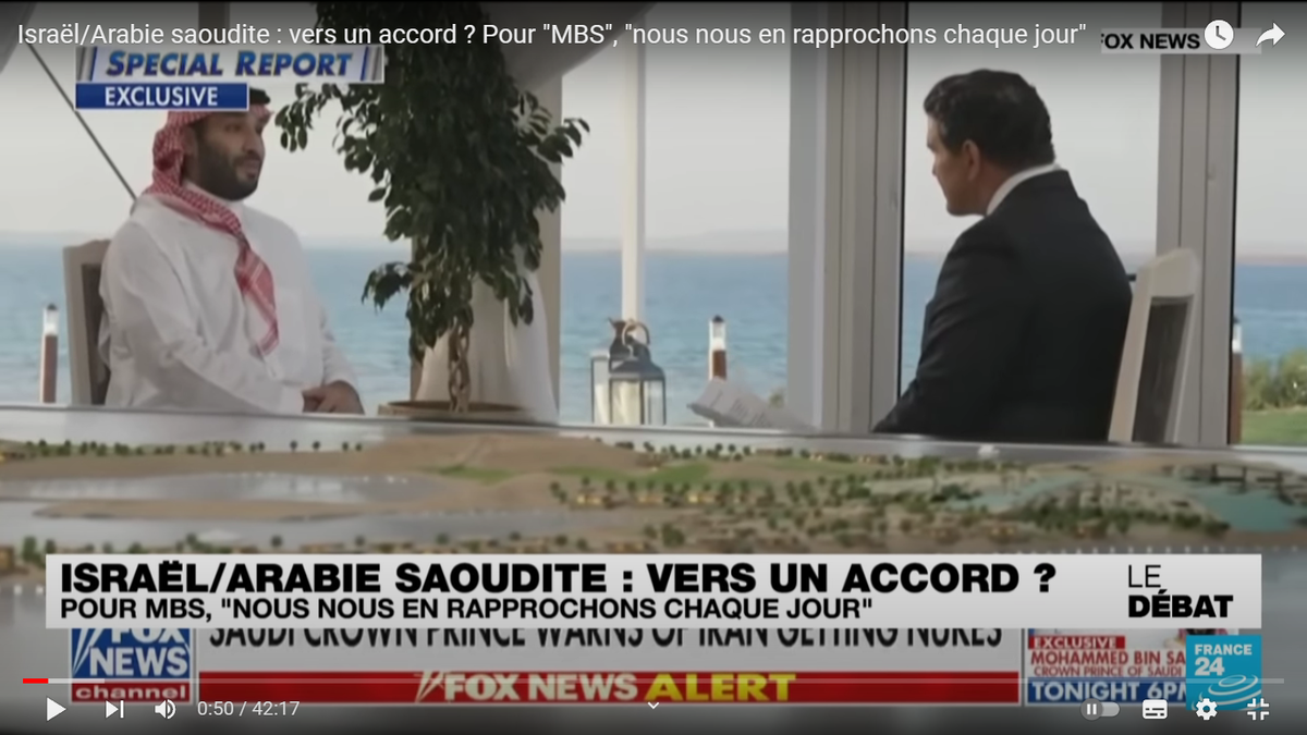 Махмуд ибн Салман (МБС) дает интервью Fox News. Скриншот из передачи на France24, с канала France24 в YouTube.