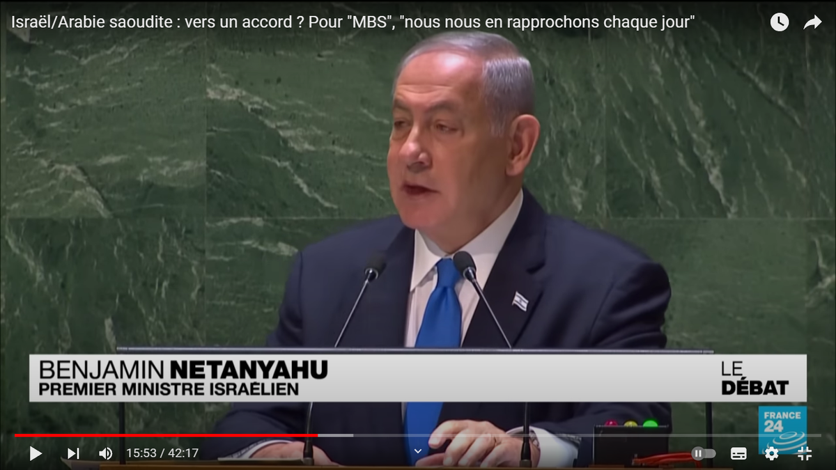 Биньями Нетаньяху, на трибуне ООН. Скриншот из передачи на France24, с канала France24 в YouTube.