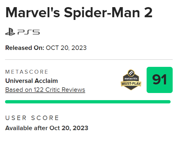     Оценка Marvel's Spider-Man 2 на Metacritic