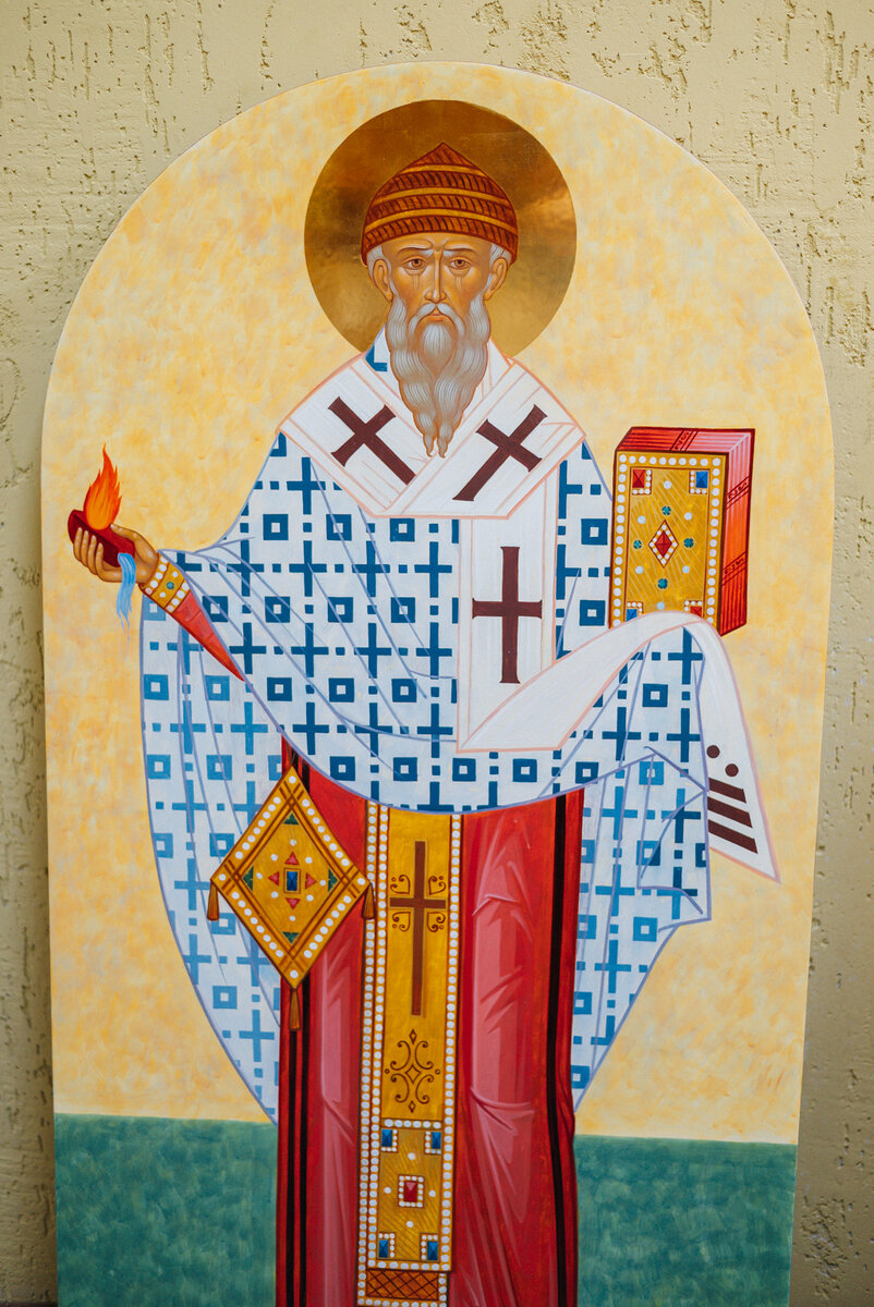Рукописная икона "Святитель Спиридон Тримифунтский". Работа мастерской "Палехский Иконостас"