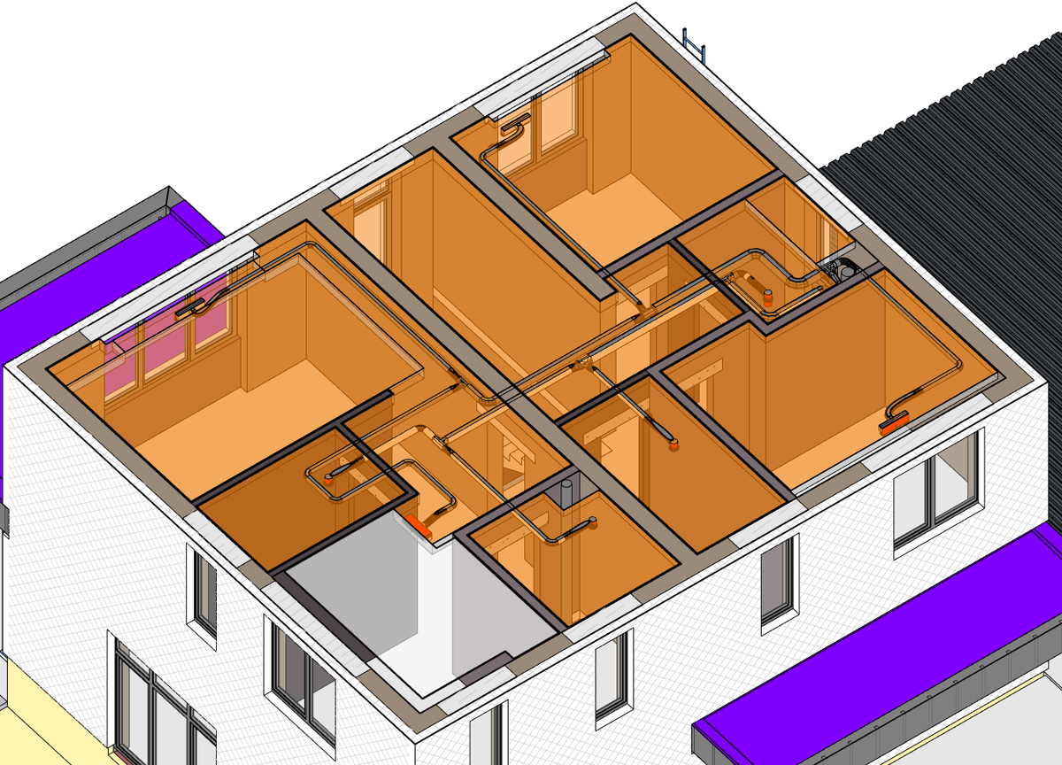 Фрагмент сводной модели с конструкциями, потолками и системой вентиляции. 