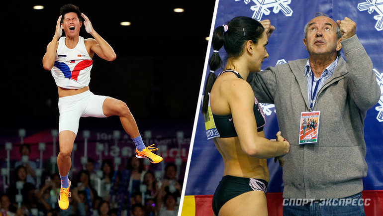    Эрнест Обьена, Елена Исинбаева и ее тренер Виталий Петров.Reuters архив «СЭ»