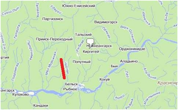 Фотография № 2. Часть карты Мотыгинского района Красноярского края. Она сориентирована, как всякая карта северного полушария Земли: верх карты – север, низ – юг, слева– запад, справа– восток. Речка Черная подчеркнута красным: она течёт с север на юг.