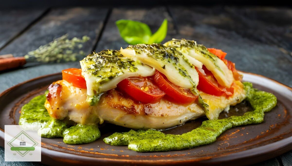 запечённая куриная грудка в итальянском стиле с песто, помидорами и сыром.