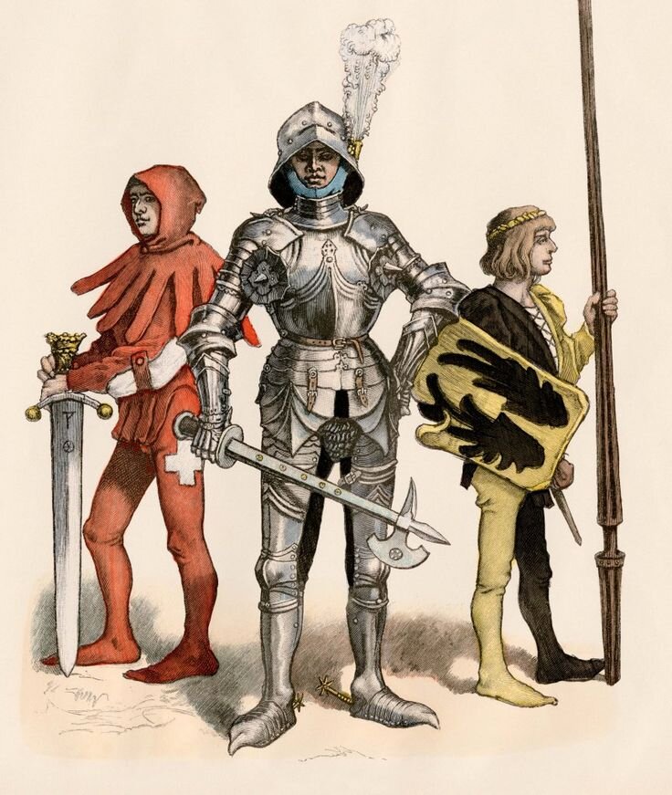 Рыцарь - правдолюбец, в красном - это лжец, в черно-желтом наряде - хитрец. Просто красавцы!