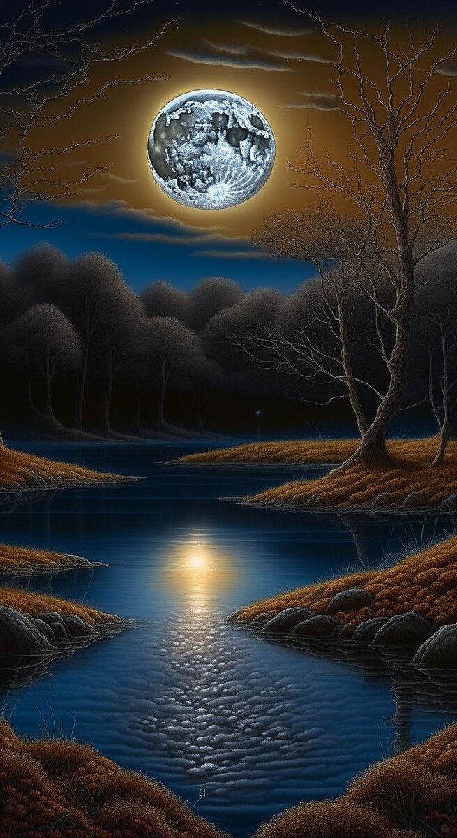 кляксы серной воды луна ночь поздняя осень by Laurie Lipton, Calligraphy", стиль: 4k