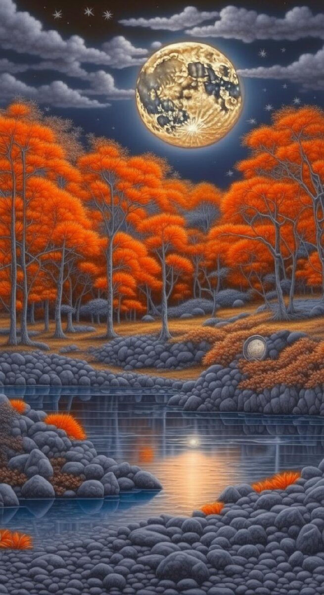 кляксы серой воды луна ночь поздняя осень цвета от серебристо белого, до бледно оранжевого by Laurie Lipton, Calligraphy" стиль: 4k