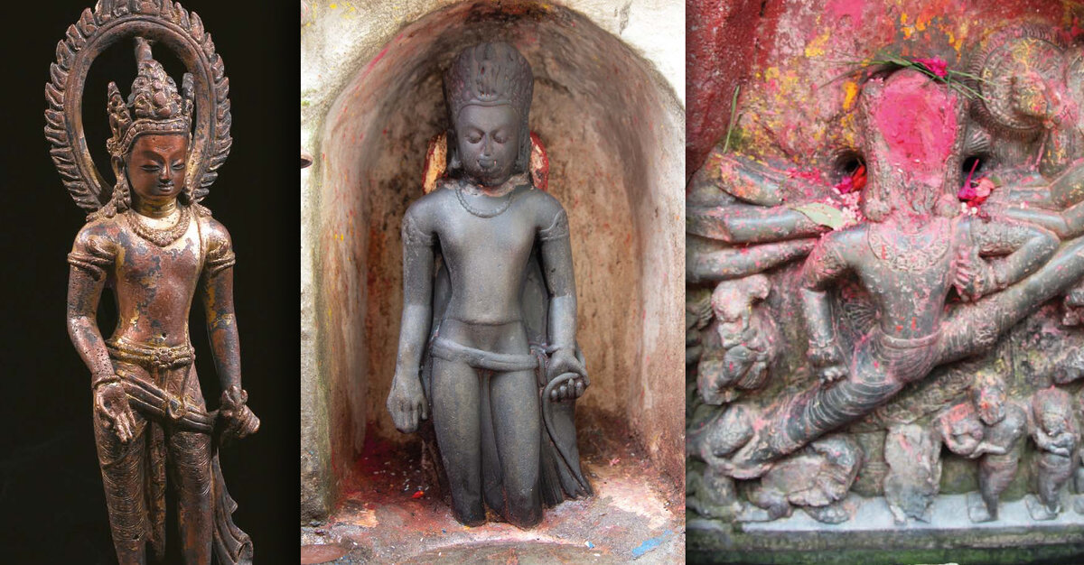  Скульптуры периода Личчави (Licchavi period c. 200–879): Indra  / Nepal , 742, Copper, height 28.5 cm; Avalokiteshvara / Kulesor  Mahadeb, Kathmandu, Nepal, early 6th century Stone; Trivikrama Vishnu  Tilaganga, northeast of Pashupatinath Temple, Kathmandu, Nepal, 467  Stone, height 78.74 cm