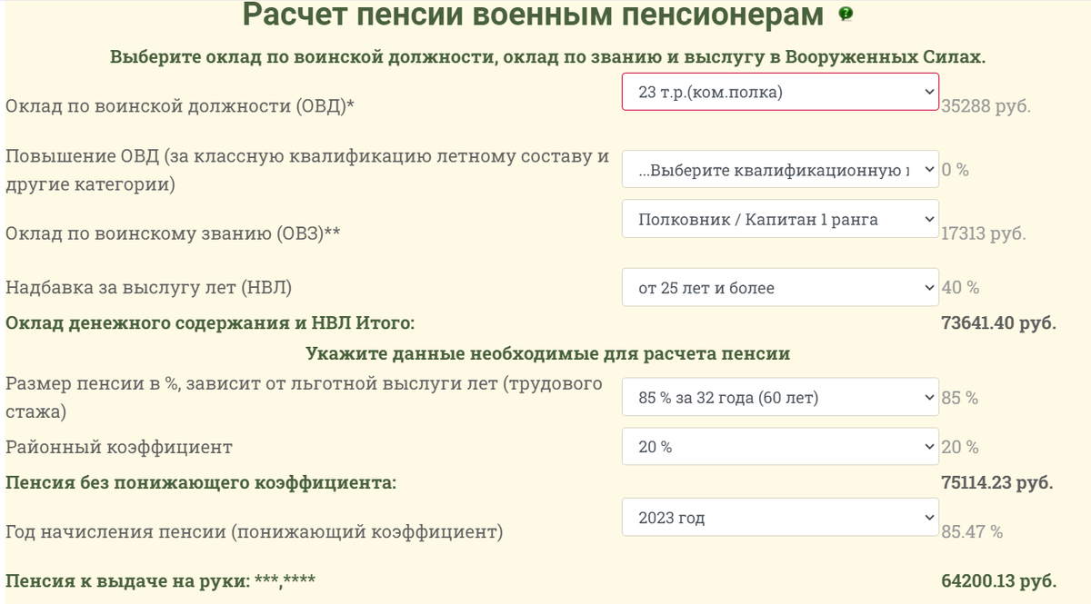 Калькулятор военнослужащих в 2023 году