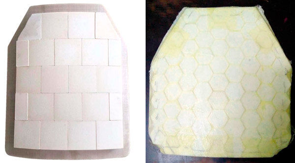 Бронеплиты керамические, комбинированные. Передний слой в виде квадратиков или шестиугольников, «соты» (фото из открытых источников)