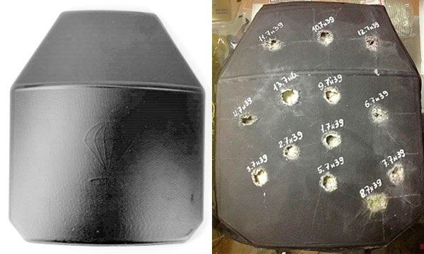 Бронеплита из керамики. После отстрела видно, как проступают границы керамических квадратиков. Соседние области, не затронутые предыдущими попаданиями, не теряют свойств (фото из открытых источников)