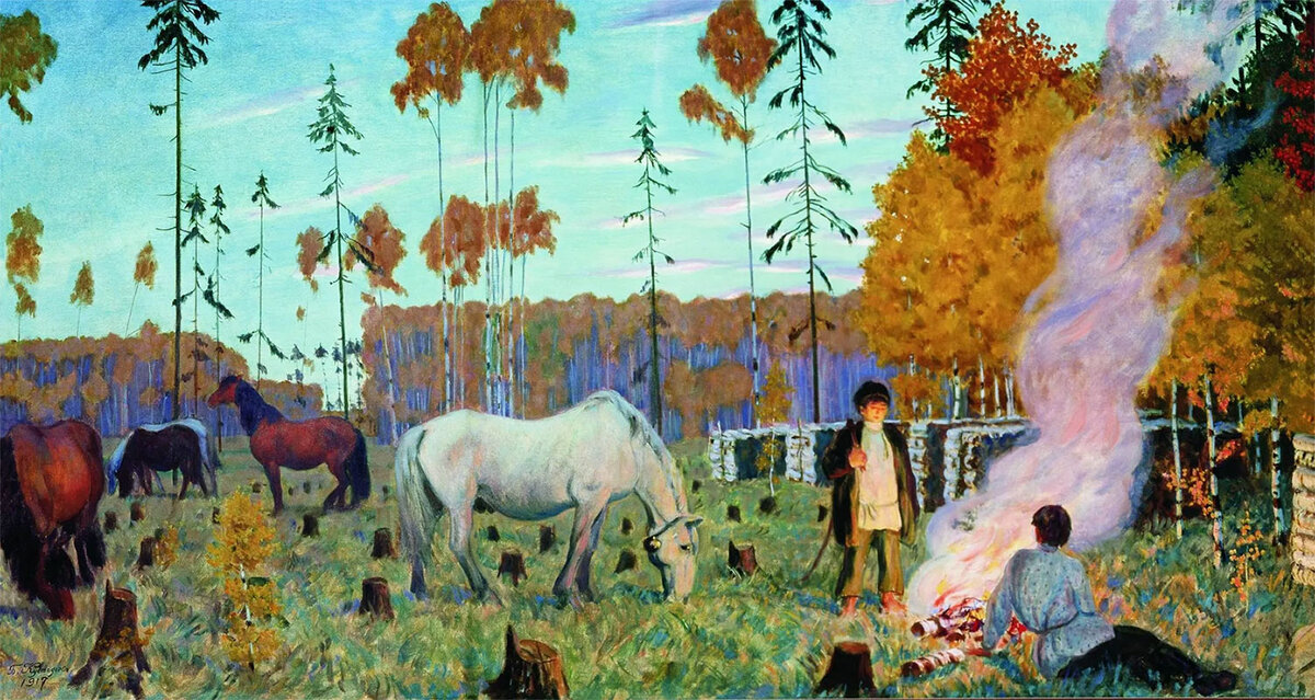 Кустодиева лыжники