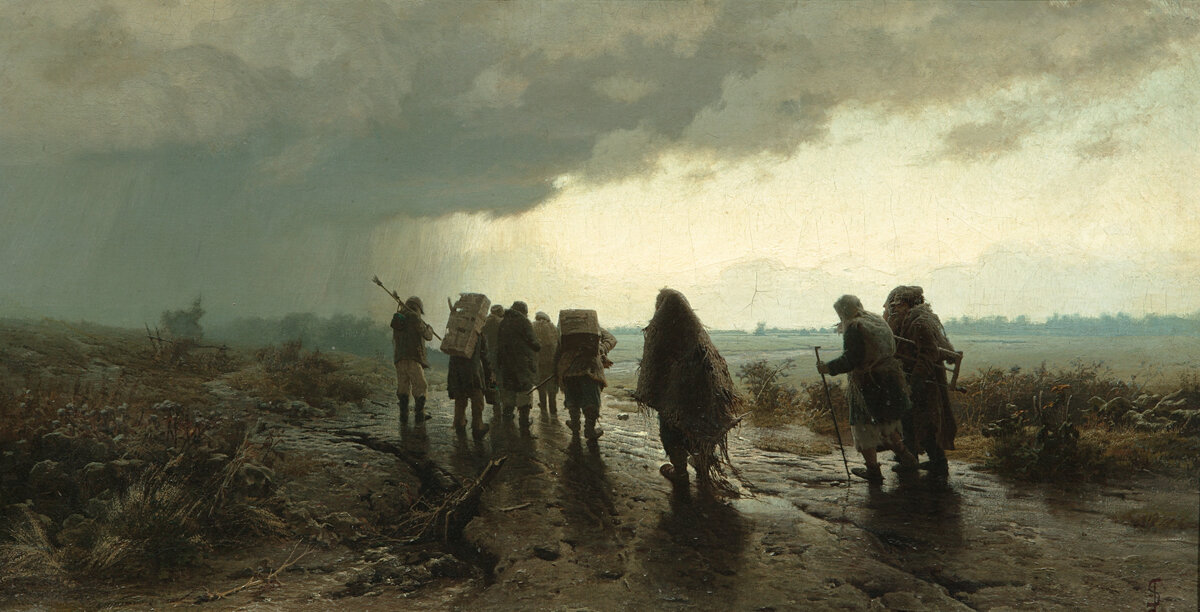 "Возвращение рабочих в деревню во время дождя", И.П. Стефановский, 1874. Третьяковская галерея, Москва.