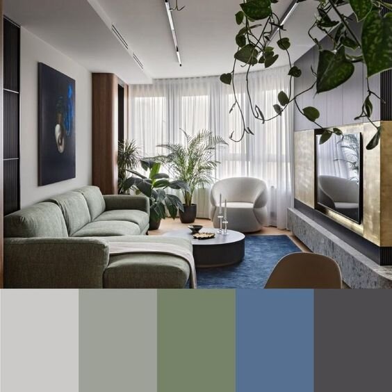 Пример аналогичных цветов в интерьере: синий и зелёный
