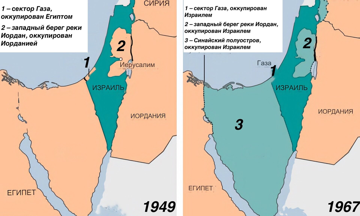 В ходе первой арабо-израильской войны 1947-1949 гг Иордания и Египет оккупировали Иудею, Самарию и Сектор Газа.-2
