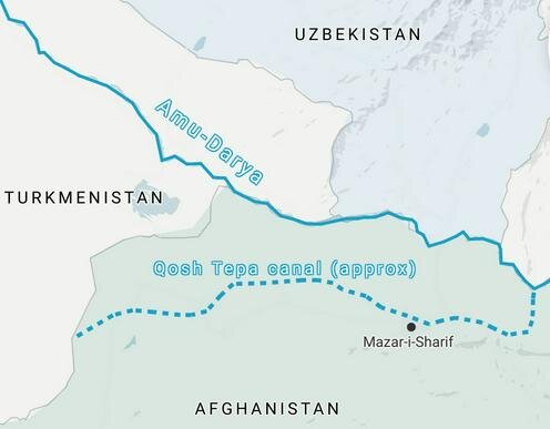 Предполагаемый маршрут канала Кош-Тепа . Иллюстрация с сайта Eurasianet.org