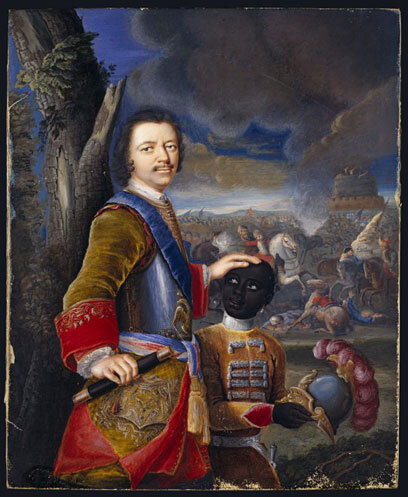 Петр Первый с чернокожим пажем Ганнибалом. Немецкая акварель 1707 года