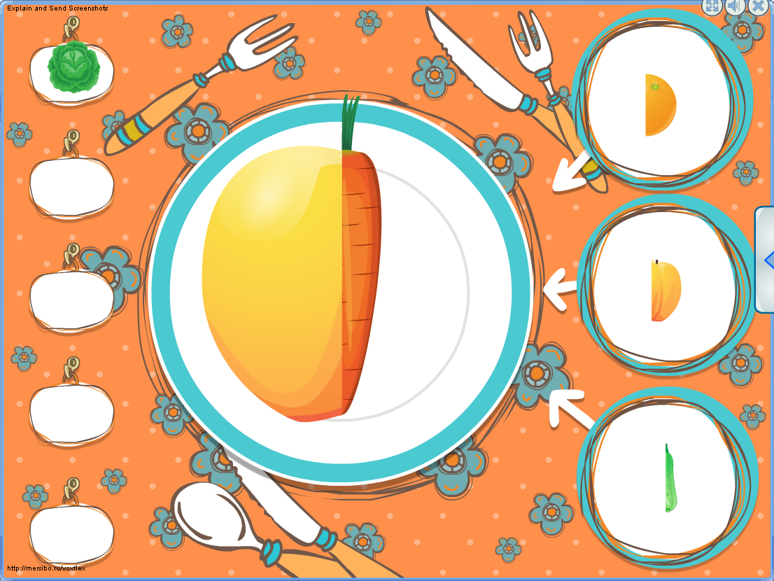 Игра «Фрукты-овощи». Ребенок видит франкенштейна из фрукта и овоща. Надо понять, какую из половинок справа можно подставить, чтобы получился нормальный фрукт или овощ, и сказать, что получилось («это персик»).