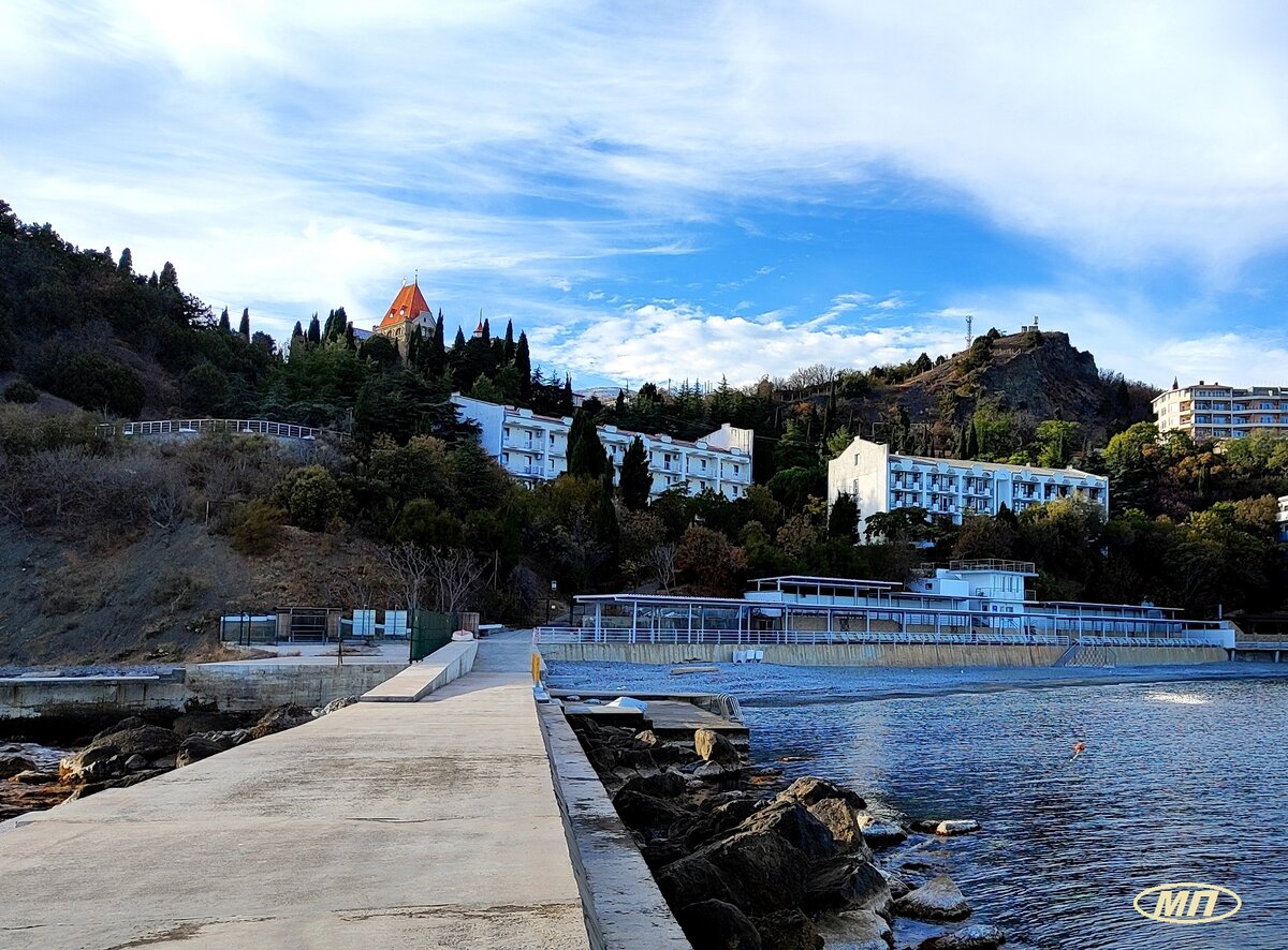Пирс, пляж, 1 и 2 спальные корпуса. Слева виден бассейн. На самом верху красная крыша замка княгини Гагариной.