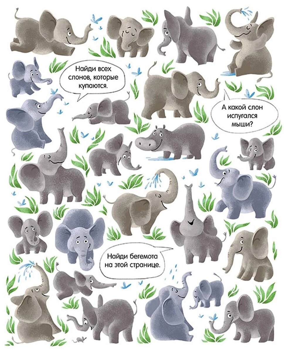 Найди бегемота среди слонов.
Найди всех слонов, которые купаются. 
Найди слона, который испугался мышку.
