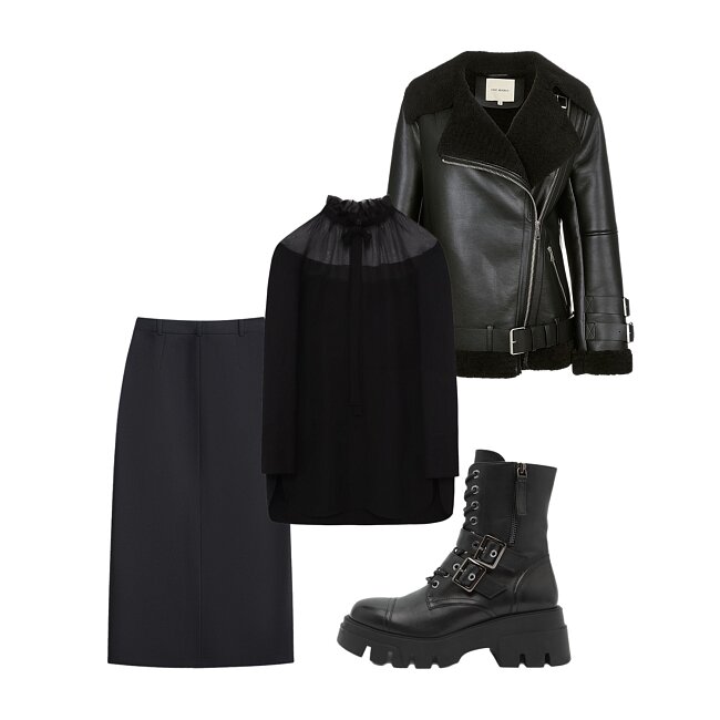 Юбка — Studio 29, studio-29.ru. Блуза — Kiton, tsum.ru. Дубленка — Love Republic, loverepublic.ru. Ботинки — Mascotte, mascotte.ru