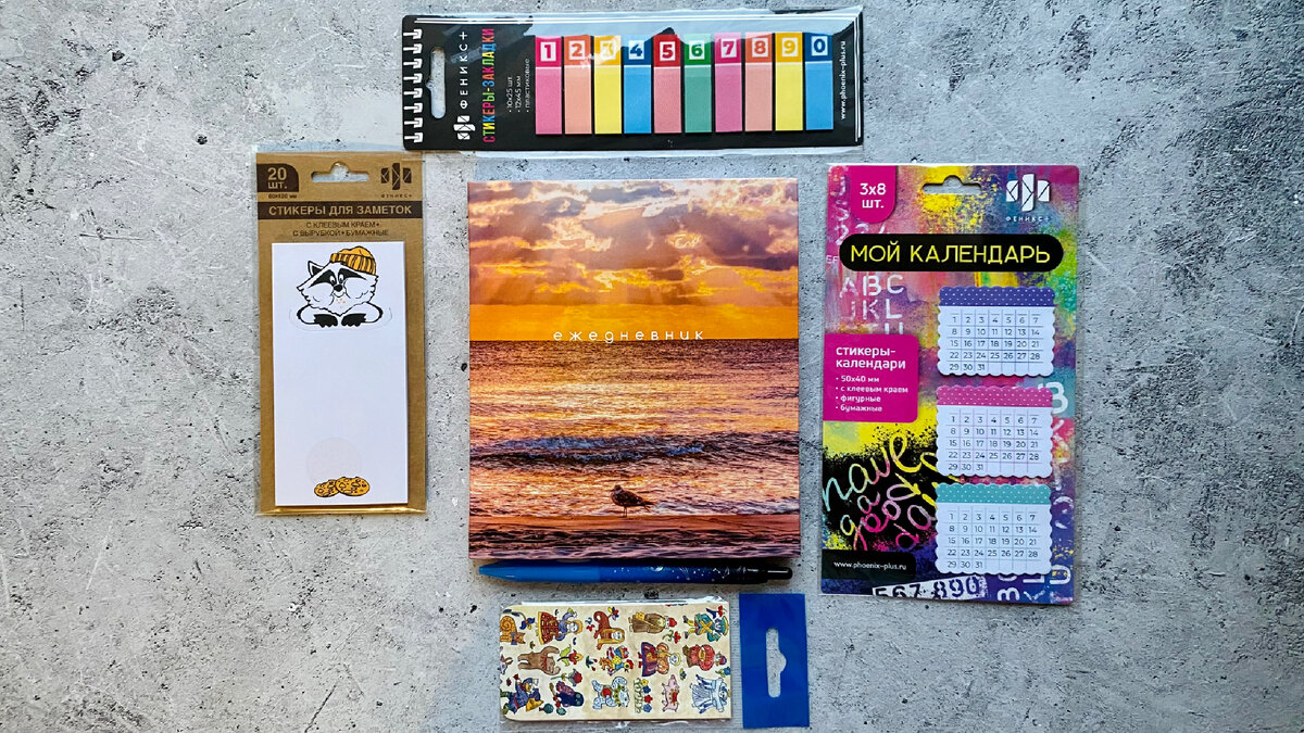 Ручка, стикеры, закладка и сам ежедневник