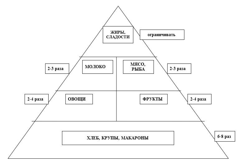 Схематичное отображение пирамиды питания с указанием количества порций продуктов в день.