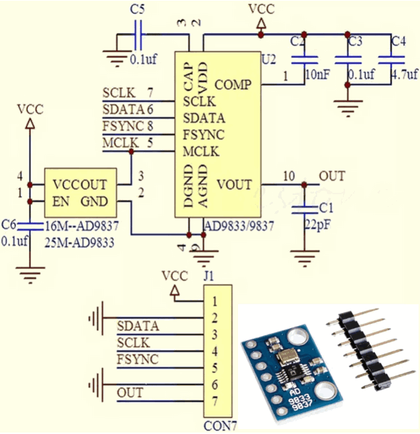Схема и вид одного из модулей AD9833 c AliExpress