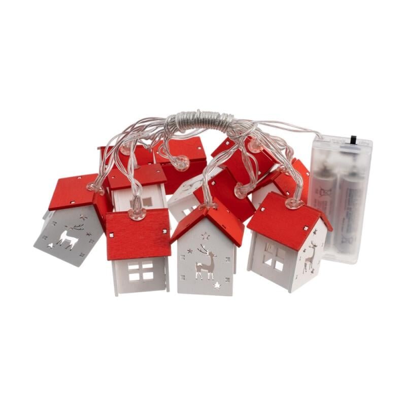 Гирлянда новогодняя, Снежное кружево, выполнена в виде маленьких деревянных домиков. Очаровательное украшение можно разместить на ёлке, книжной полке или окне. Тёплый белый свет. Количество светодиодов: 10 шт. Длина: 1,8 м. Световой поток: 40 Лм. Без световых эффектов. Состав: дерево, полистирол, ПВХ, сталь, медь, полипропилен. Работает от 2 батареек типа AA, в комплект не входят. Перед использованием ознакомьтесь с инструкцией по применению и мерами предосторожности на упаковке. Товар представлен в ассортименте.