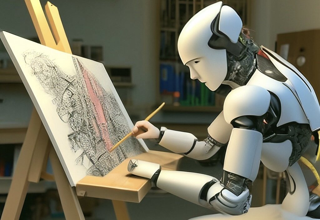 Искусственный интеллект, рисует на мольберте 
