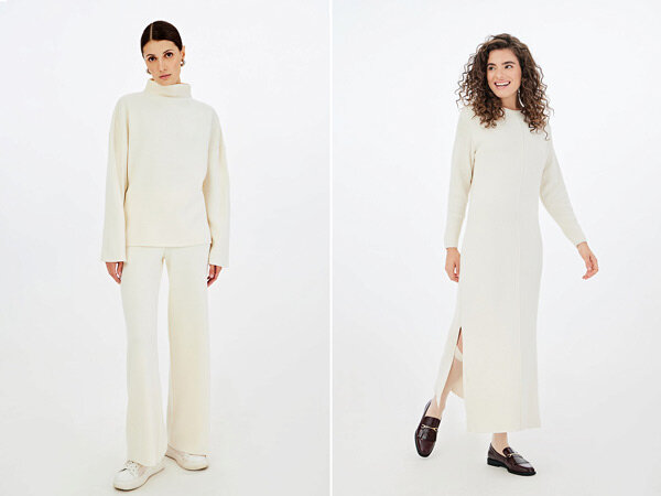 Необычный монохромный образ помогут составить трикотажное платье, брюки и свитер, повязанный на поясе.